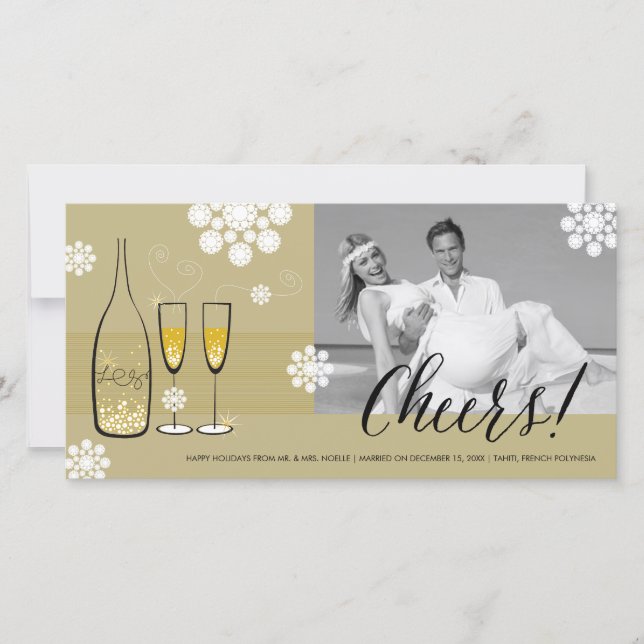 Gold Champagne Cheers Snowflakes New Year Photo Holiday Card (Front)