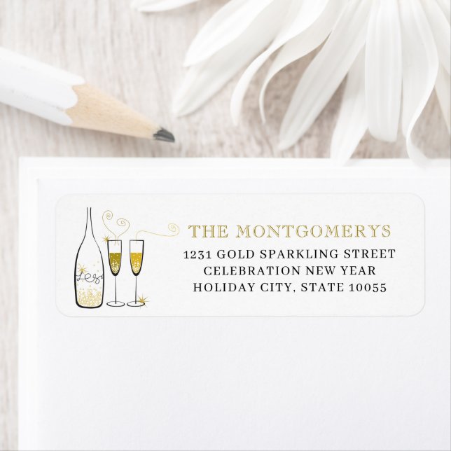 Gold Champagne Cheers Stylish New Year Address Label (Insitu)