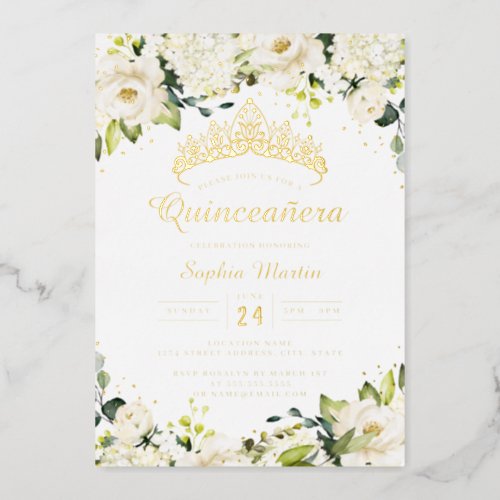 Gold Champagne Floral Quinceanera  Foil Invitation