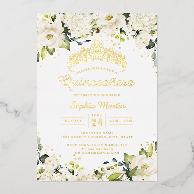 Gold Champagne Floral Quinceanera  Foil Invitation (Front)