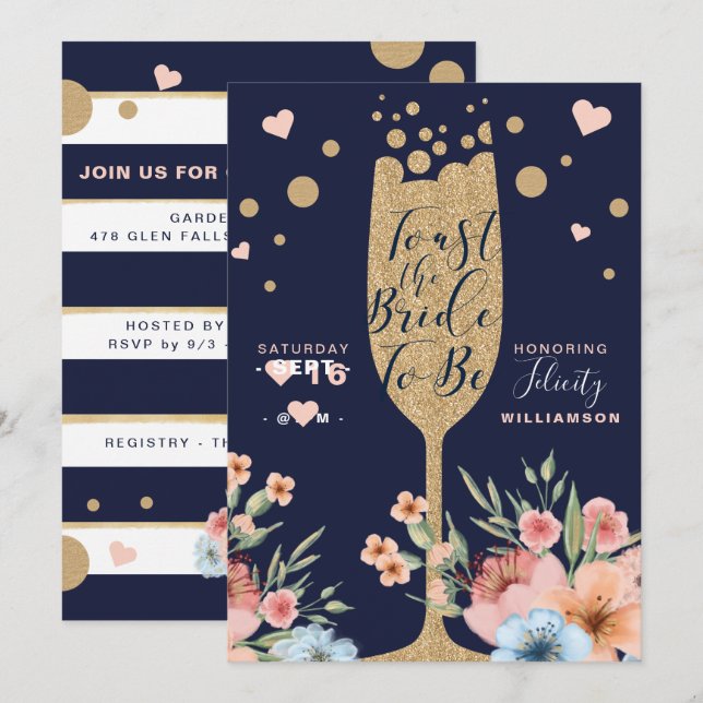 Gold Champagne | Florals & Stripe Bridal Shower Invitation (Front/Back)