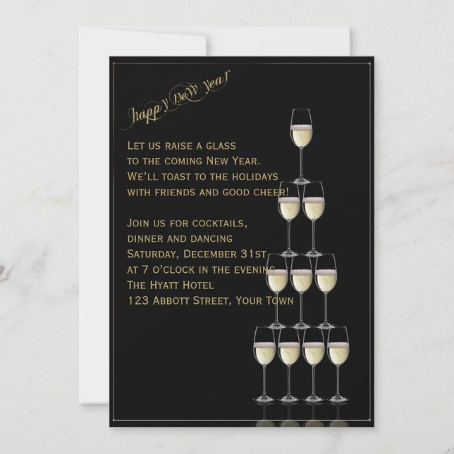 Gold Champagne Flute Pyramid New Years Eve Invitation (Front)