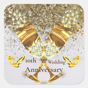 Gold champagne glass 10th wedding anniversary  square sticker