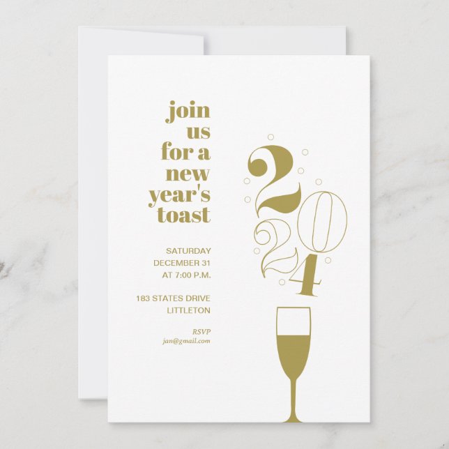 Gold Champagne Glass 2024 New Year's Eve Party Invitation (Front)