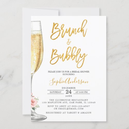 Gold Champagne Glass Brunch  Bubbly Bridal Shower Invitation