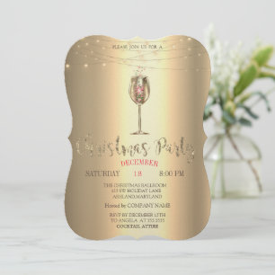 Gold Champagne Glass,Lights Christmas Company Invitation