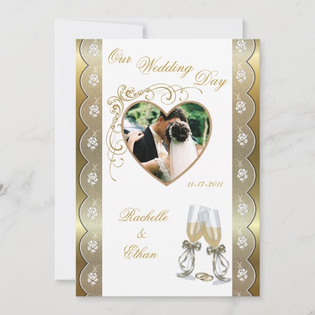 Gold Champagne Glass Wedding Photo Invitations (Front)