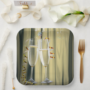 Gold Champagne Glasses Anniversary Birthday Party Paper Plates