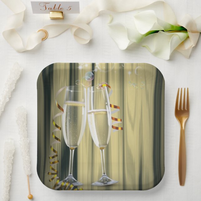 Gold Champagne Glasses Anniversary Birthday Party Paper Plates (Wedding)