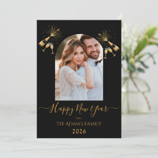 Gold Champagne Happy New Year 2 Photos Holiday Card
