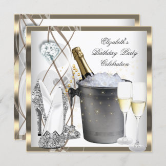 Gold Champagne High Heels Elegant Silver Birthday Invitation