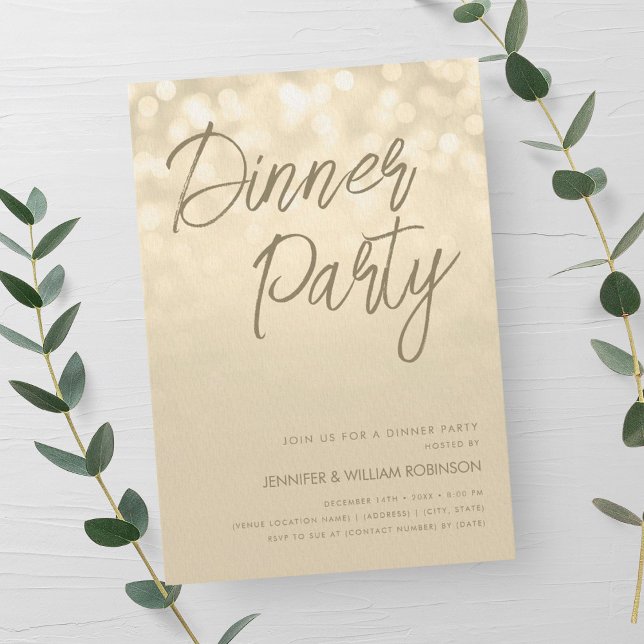 Gold Champagne Lights Script Dinner Party  Invitation (Gold Champagne Lights Script Dinner Party Invitation)
