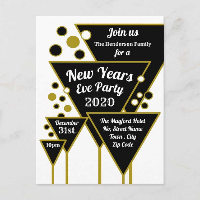 Gold Champagne, New Year's Eve Party Invitation Postcard (Front)