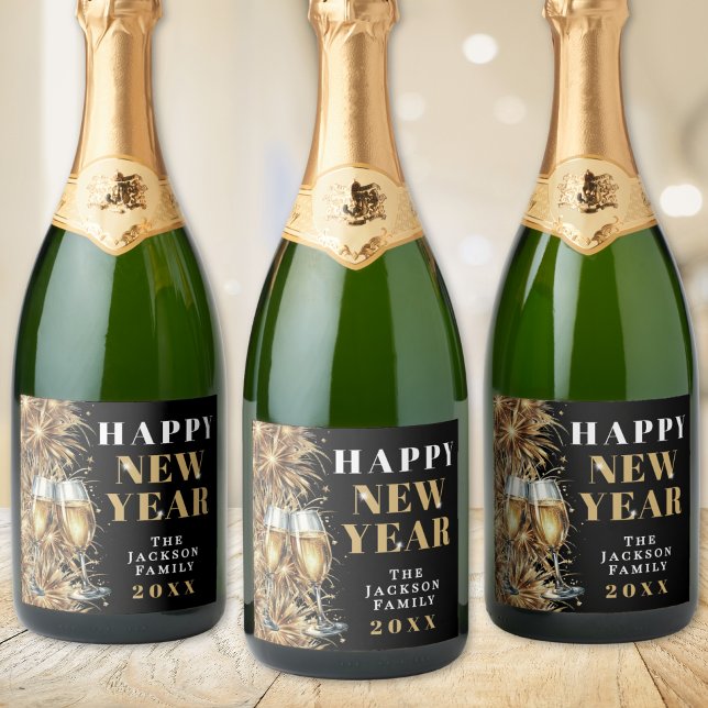 Gold Champagne New Year's Eve Party Sparkling Wine Label (Modern Black Gold Champagne New Year's Eve Party Sparkling Wine Label )