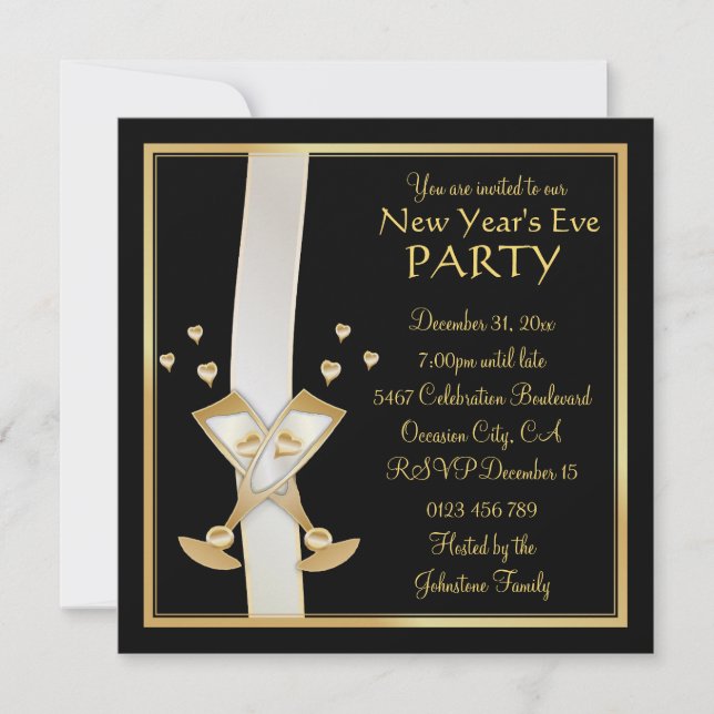 Gold Champagne on Black New Year Party Invitation (Front)