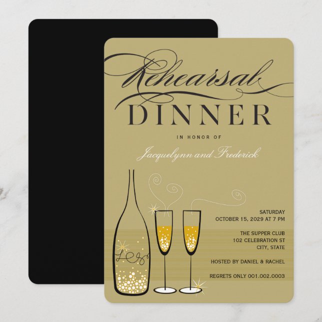 Gold Champagne Rehearsal Dinner Party Invite (Front/Back)