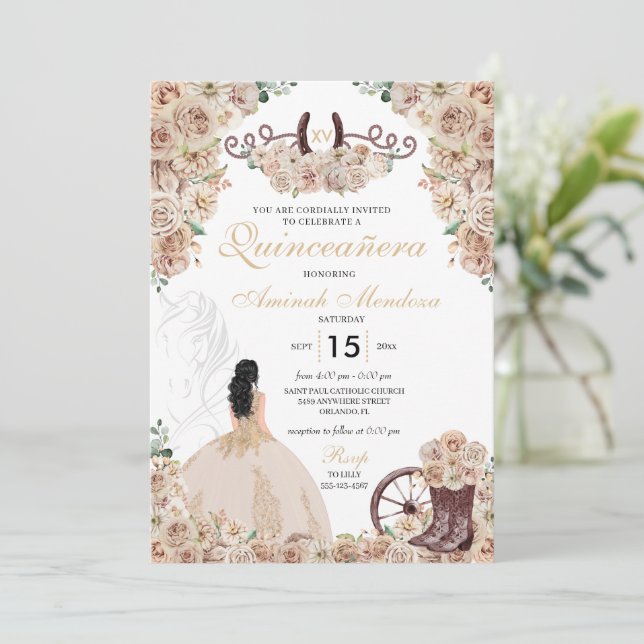 Gold Champagne Rustic Western Horse Quinceañera Invitation (Standing Front)