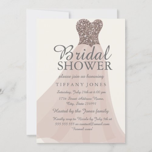 Gold Champagne Shimmer Glitter Gown Bridal Shower Invitation