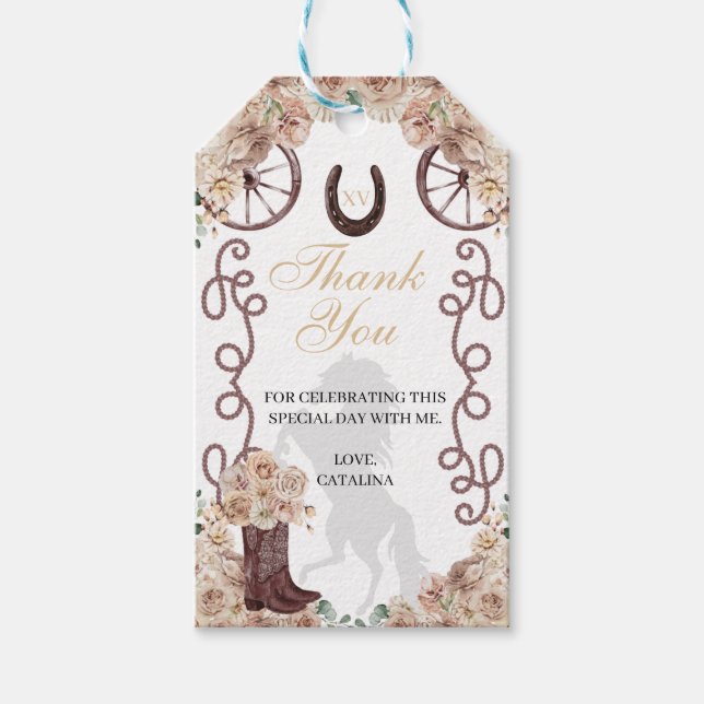Gold Champagne Western Quinceanera Gift Tags (Front)