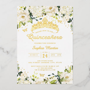 Gold Champagne White Floral Quinceanera Foil Invitation