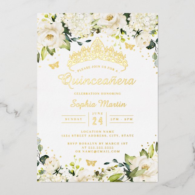 Gold Champagne White Floral Quinceanera  Foil Invitation (Front)