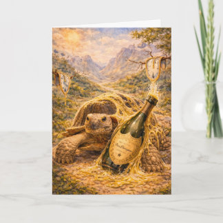 Gold champgane and melting clocks birthday turtle card