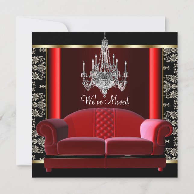 Gold Chandelier Black Damask Change of Address Announcement (Front)