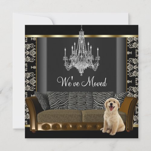 Gold Chandelier Black Damask Change of Address Announcement