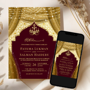Gold Chandelier Curtain Burgundy Muslim Wedding Invitation