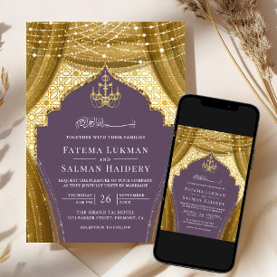 Gold Chandelier Curtain Soft Purple Muslim Wedding Invitation
