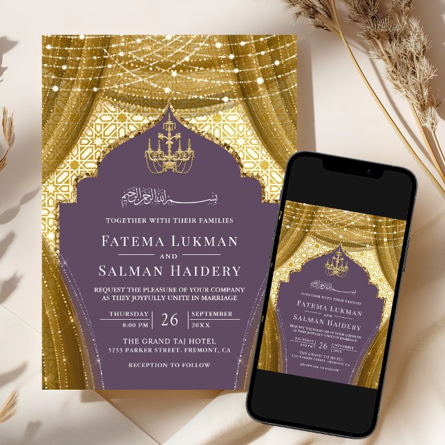 Gold Chandelier Curtain Soft Purple Muslim Wedding Invitation (Creator Uploaded)