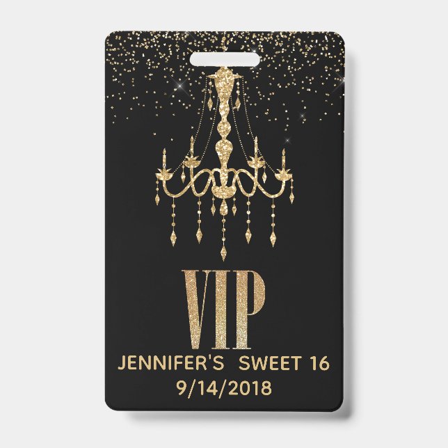 Gold Chandelier Sweet 16 Party VIP Badge (Front)