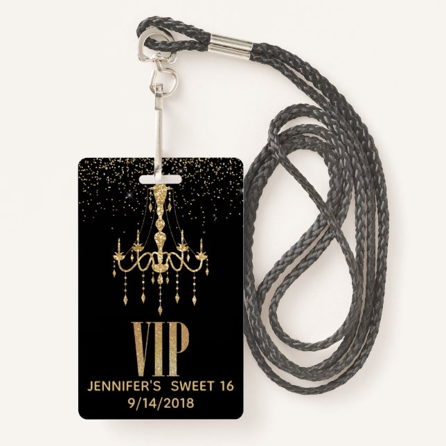 Gold Chandelier Sweet 16 Party VIP Badge (Front with Lanyard)