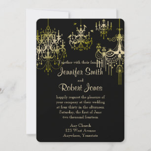 Gold Chandeliers on Black Posh Wedding Invitation