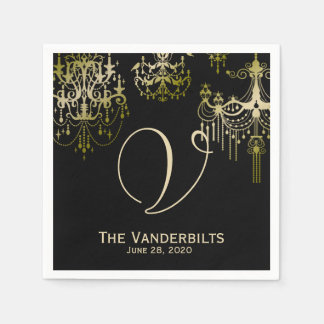 Gold chandeliers on Black Posh Wedding Napkins