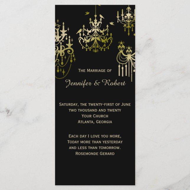 Gold Chandeliers on Black Posh Wedding Program (Front)