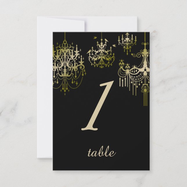 Gold Chandeliers on Black Posh Wedding Table card (Front)