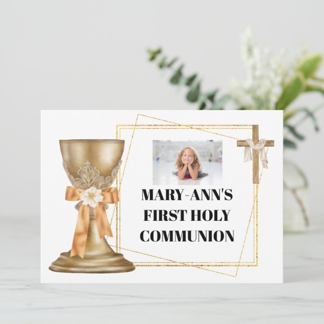 Gold chapel chalice wooden cross gold frame GIRLS  Invitation (Standing Front)