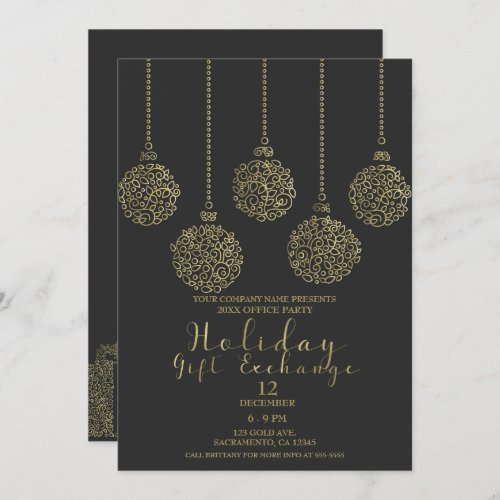 Gold  Charcoal Holiday Gift Exchange Party Invitation