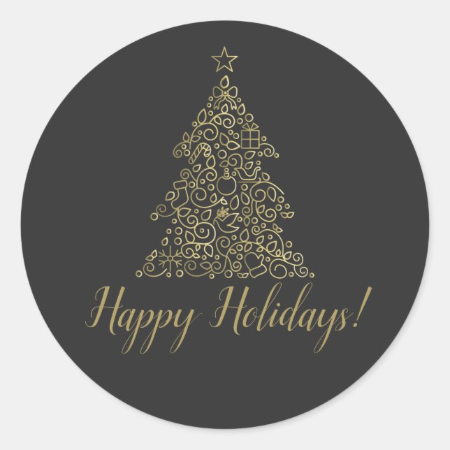 Gold & Charcoal Holiday Tree Gift Exchange Party Classic Round Sticker (Front)