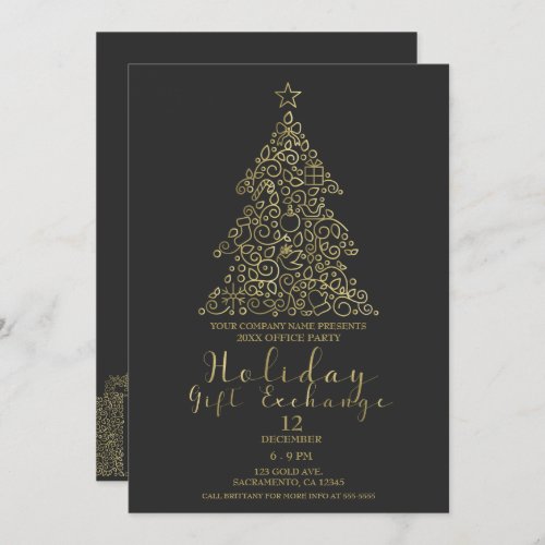 Gold  Charcoal Holiday Tree Gift Exchange Party Invitation