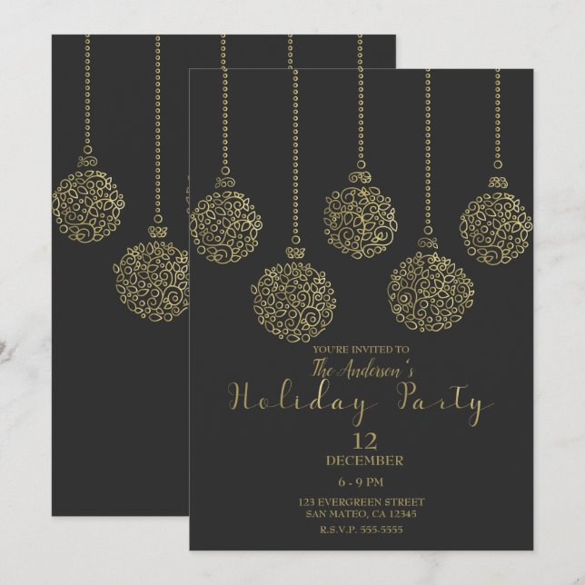 Gold & Charcoal Ornaments Elegant Holiday Party Invitation (Front/Back)
