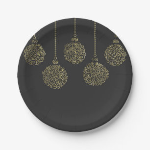 Gold & Charcoal Ornaments Elegant Holiday Party Paper Plates