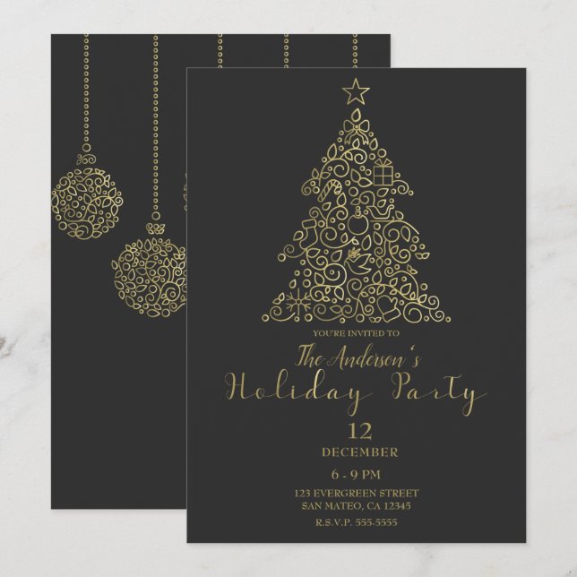 Gold Charcoal Ornaments Elegant Tree Holiday Party Invitation (Front/Back)