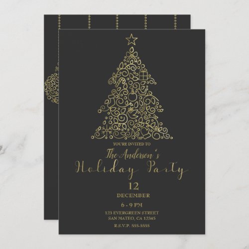 Gold Charcoal Ornaments Elegant Tree Holiday Party Invitation