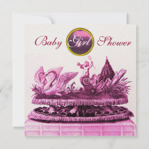 GOLD CHARIOT OF SWANS /CUPCAKES GIRL BABY SHOWER INVITATION