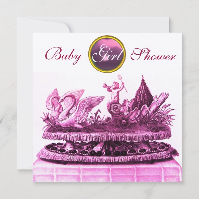 GOLD CHARIOT OF SWANS /CUPCAKES GIRL BABY SHOWER INVITATION (Front)