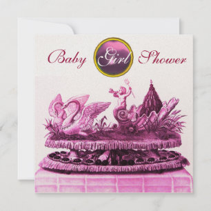 GOLD CHARIOT OF SWANS /CUPCAKES GIRL BABY SHOWER INVITATION