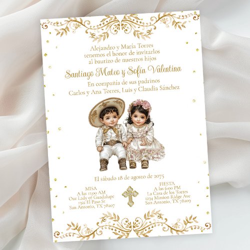 Gold Charro and Charra Twin Spanish Baptism Invitation