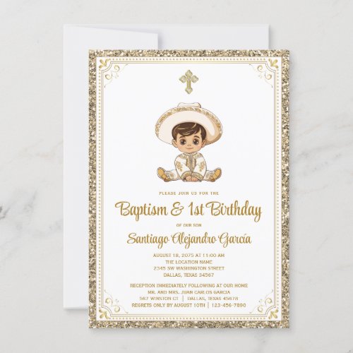 Gold Charro Baptism  Birthday Invitation
